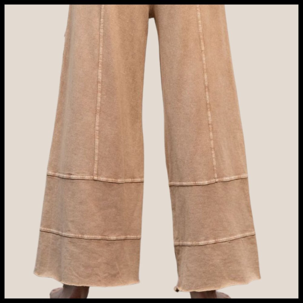 EASEL "Perfect Cargo" Terry Knit Mineral Washed Flared Leg Pants Raw Hem & Seams - Picture 8 of 15